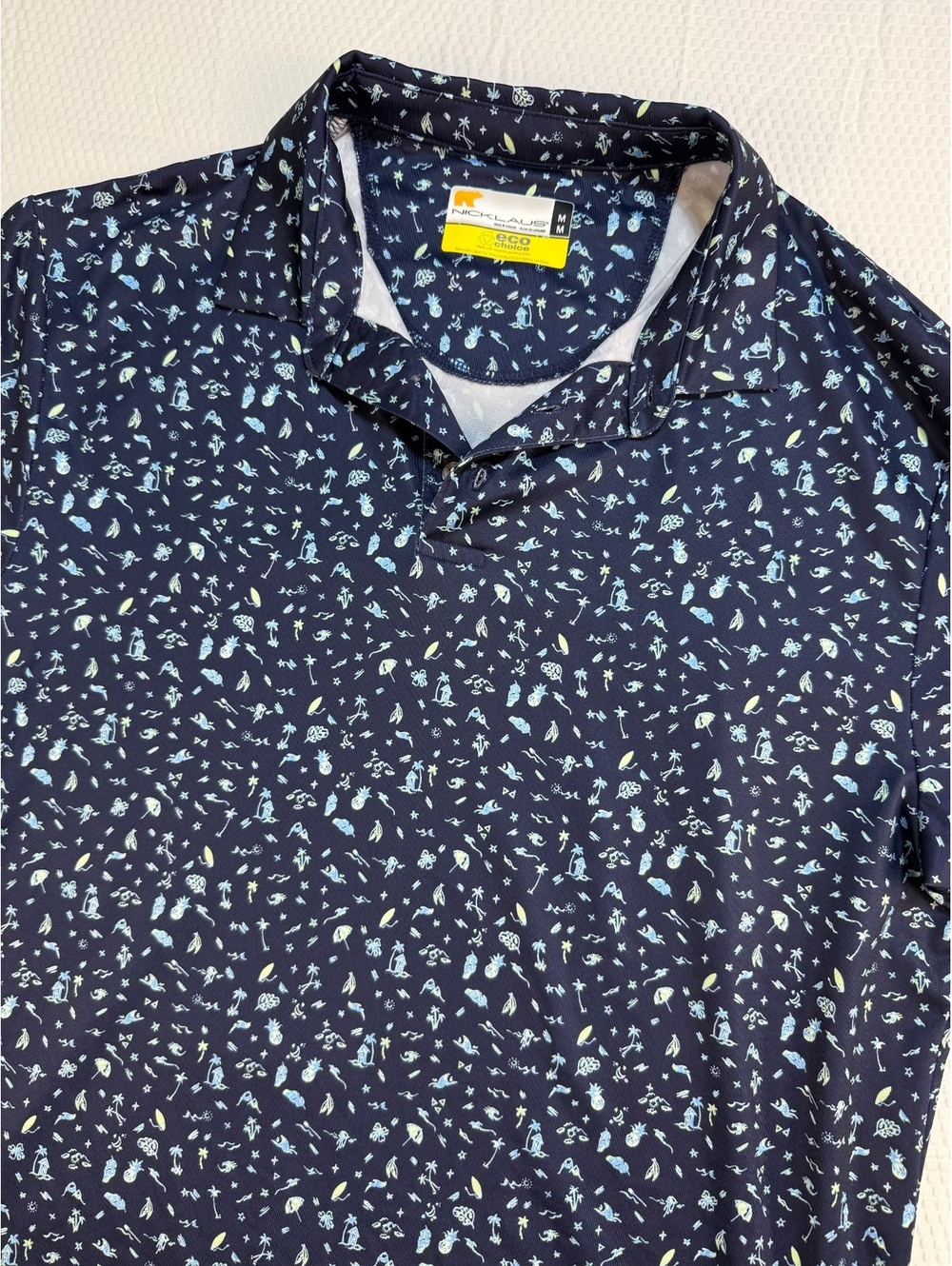 Nicklaus Men’s Medium Golf Polo Navy Tropical Beach Print Eco Choice Stretch
